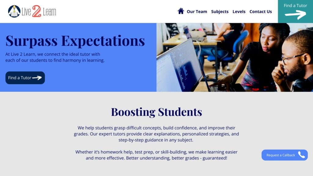 Live 2 Learn Homepage Design