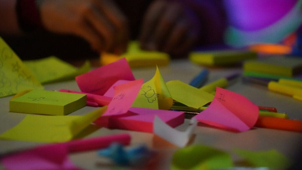 Messy post-it notes. Photo by BBC Creative.