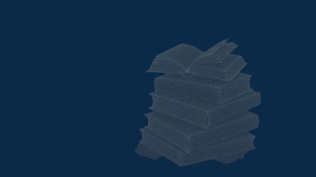 Our school page hero image with a pile of books on a blue background. 