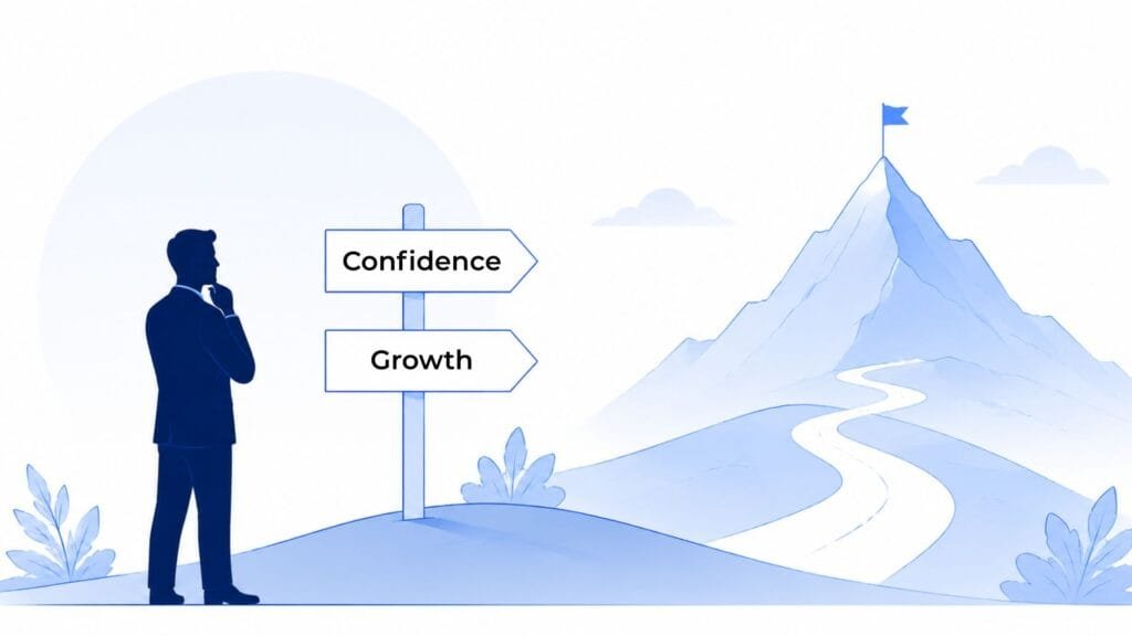 Business owner considering different paths towards growth and success with a mountain in the distance. Representing small business confidence and growth.