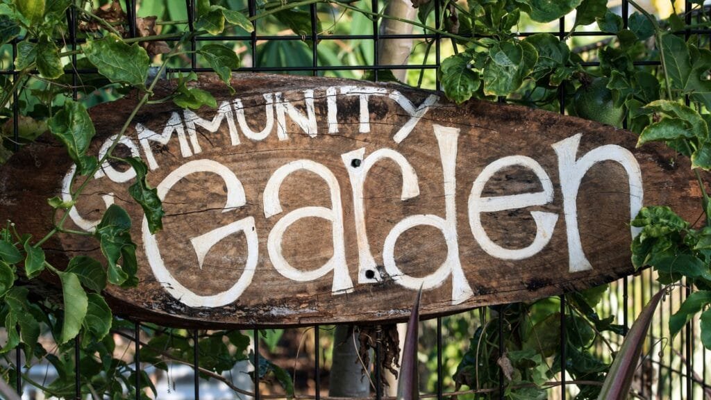 An image of a handmade sign that says community garden. Photo by David Clode.
