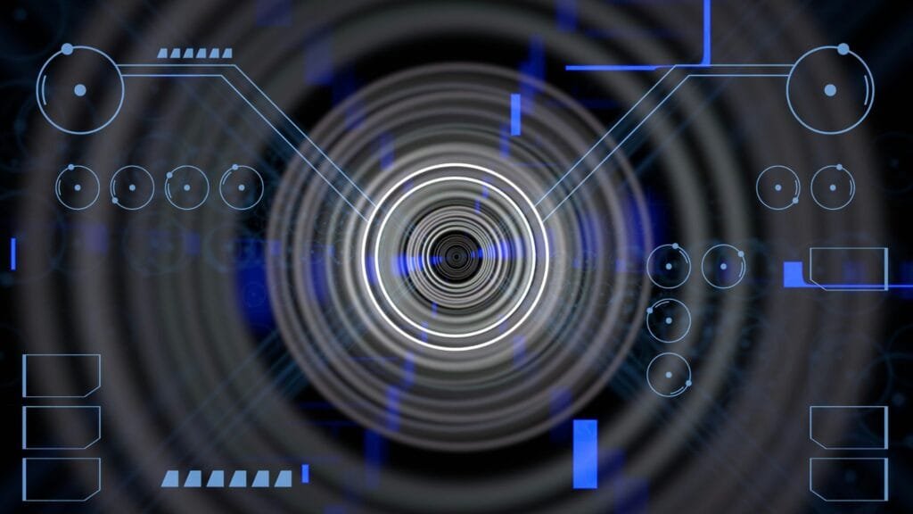 Abstract digital interface with futuristic technology elements symbolising AI, online discovery and connected digital experiences. Photo by Sufyan