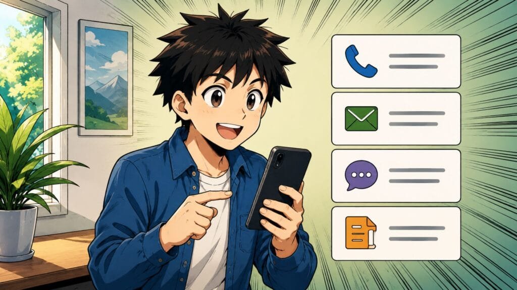 Manga-style illustration of a business owner using a smartphone with multiple contact options including phone, email, live chat and contact form.