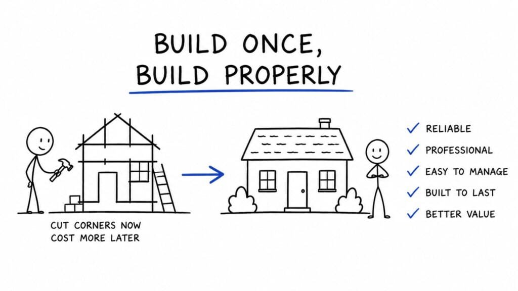 An image of a stick man building a house with good foundations saying how you build properly, you build once. 