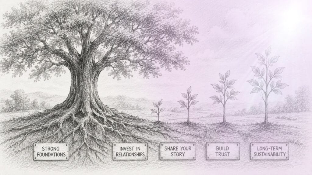 Pencil sketch of a large tree with deep roots and growing saplings representing long-term community organisation sustainability.