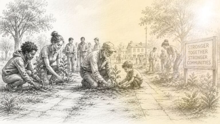 Pencil illustration of people working together to build a stronger, more sustainable community.