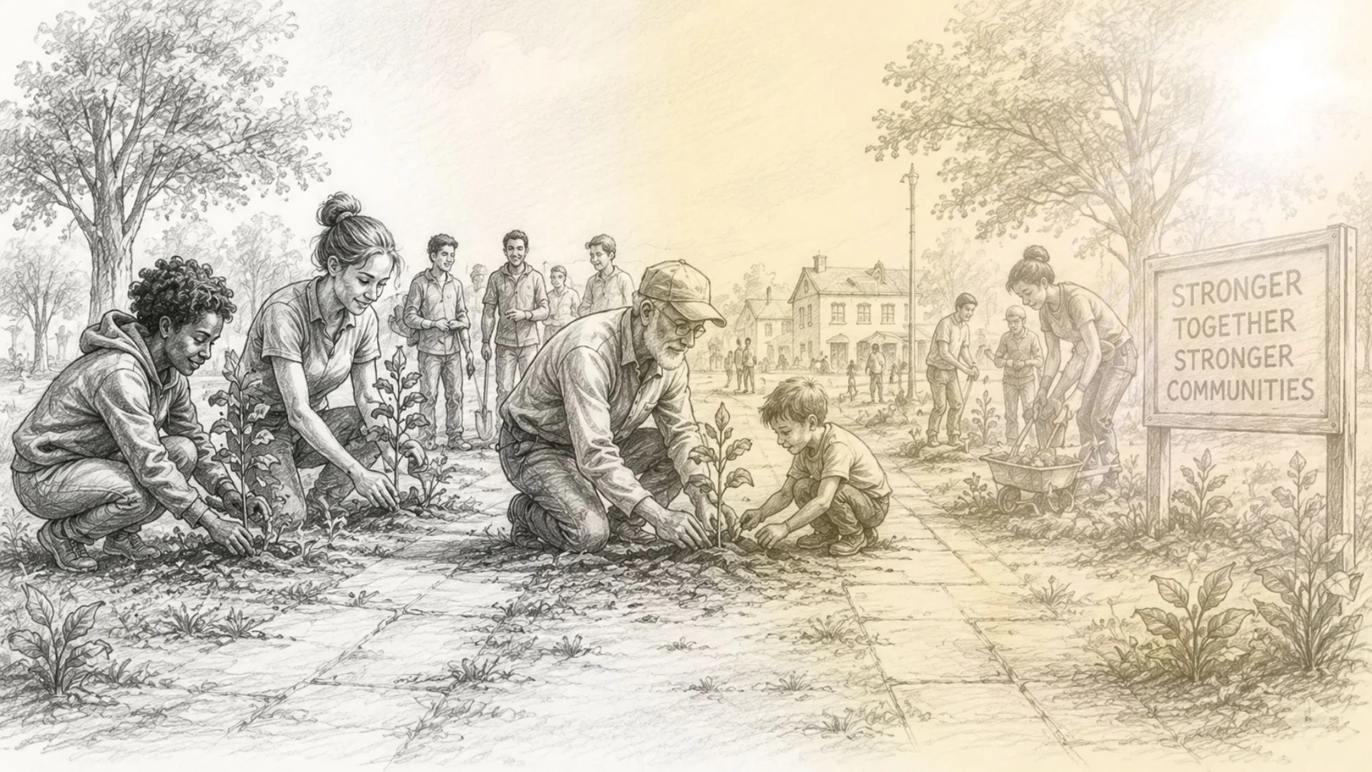 Pencil illustration of people working together to build a stronger, more sustainable community.