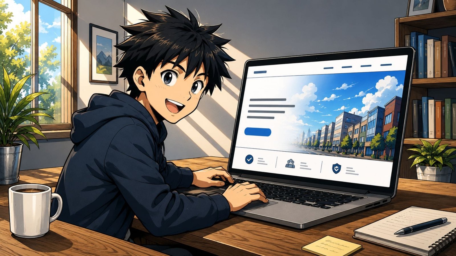 Manga-style illustration of a business owner creating a simple, professional website on a laptop in a bright modern office.