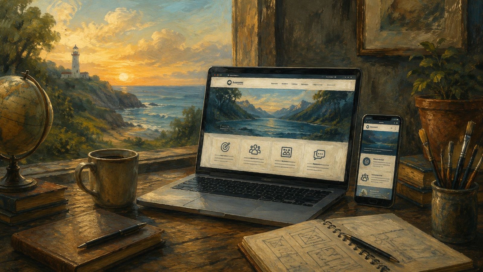 Oil painting of a Renaissance-inspired workspace featuring a laptop, smartphone and website design, illustrating a modern business website guide through classical artistic style.