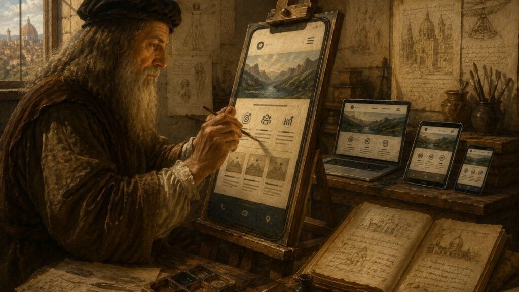 Renaissance artist painting a modern website interface onto a giant smartphone canvas, with finished laptop and tablet designs in the background, symbolising the blend of creativity, craftsmanship and technology.
