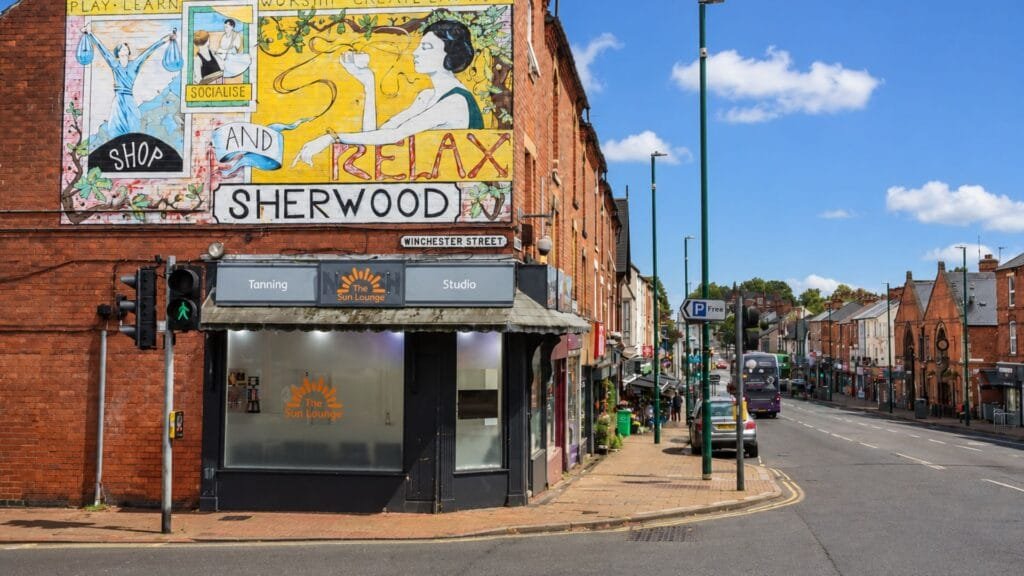 Affordable business websites in Sherwood with the Sherwood mural and High Street on a sunny day in Nottingham.