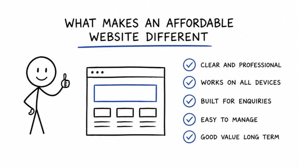 An image of a stick man showing the benefits to a professional, affordable website. 