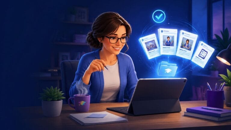 Teacher using an AI lesson planner app to create lesson resources at home