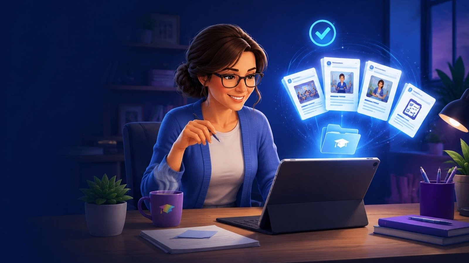 Teacher using an AI lesson planner app to create lesson resources at home