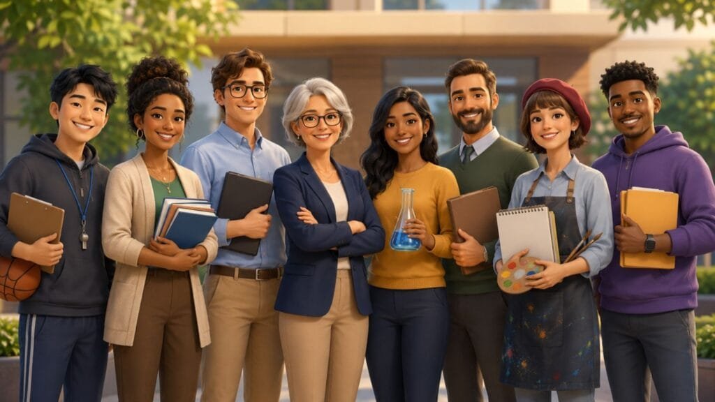 Diverse group of teachers of different ages and backgrounds standing together outside a school.