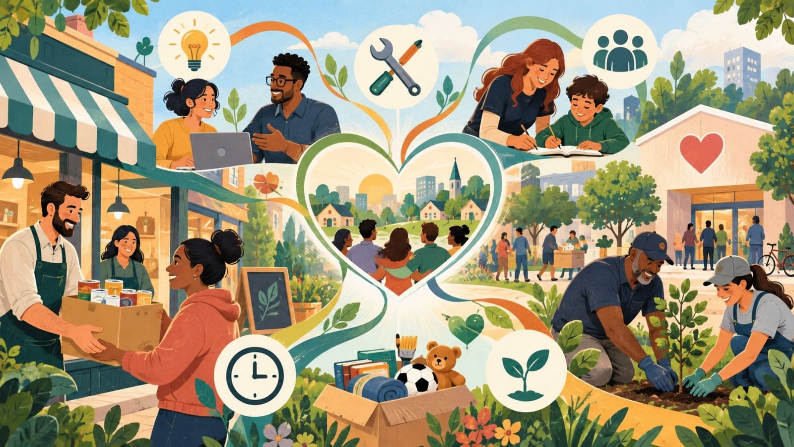Illustrated community scene showing businesses supporting charities through volunteering, skills and local support.