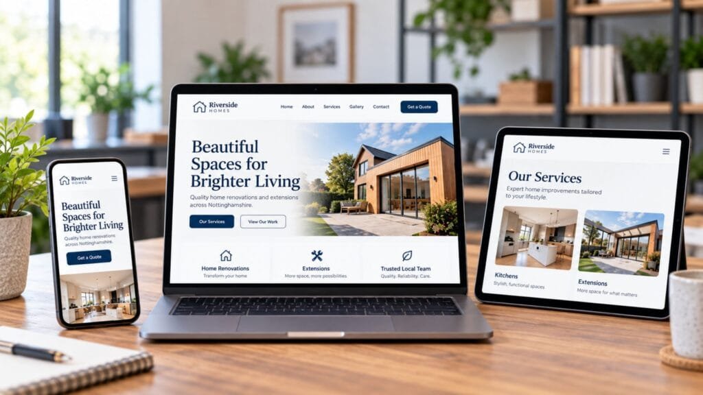 Responsive website design shown on a laptop, tablet and mobile phone, illustrating professional web design services in Nottingham for small businesses.