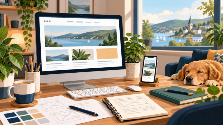 Illustrated website design workspace showing desktop and mobile layouts with planning materials